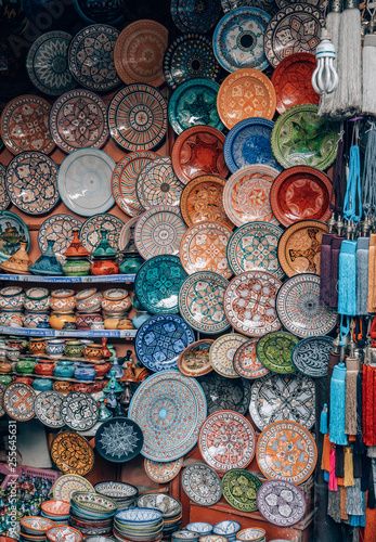 Colorful plates outside of a shop in Marrakech, Morocco