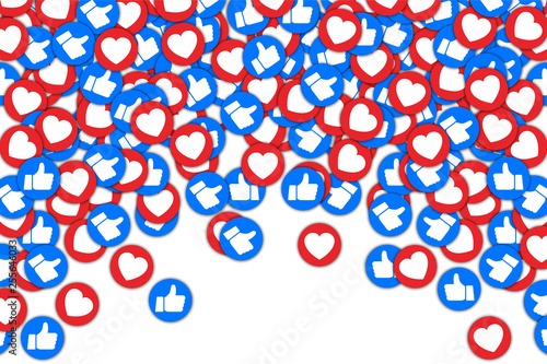 Social buttons thumb up like and red heart background. Social media likes falling background for advertisement, promotion, marketing, internet, SMM, CEO – for stock