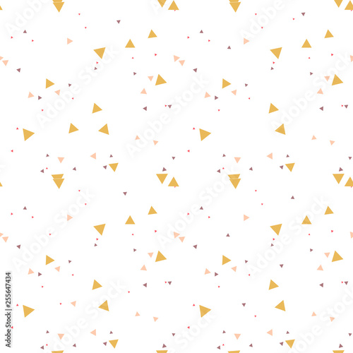 Colorful messy seamless pattern with triangles on white. Abstract chaotic geometric. Triangular geometrical background. Infinity geometric pattern. Vector illustration.