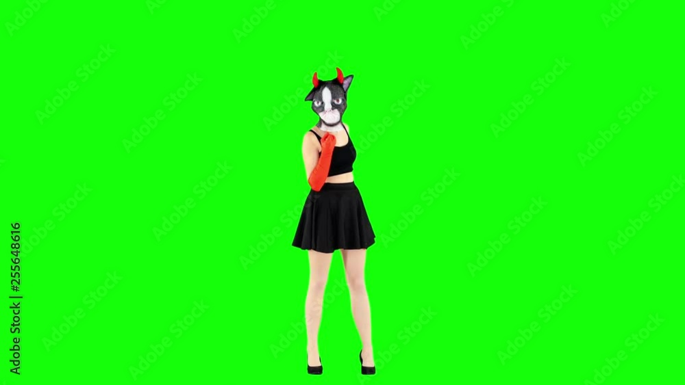 Sexy Amusing Girl Waving Finger at You Wearing a Latex Cat Head Halloween Mask Sexy Amusing Girl Waving Finger at You Wearing a Latex Cat Head Halloween Mask