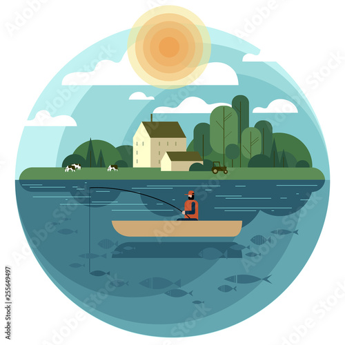 Fisherman in a boat catches a fish in a village pond or lake. Vector illustration.