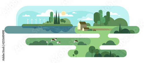 Summer rural background with cows and windmills. Vector illustration.