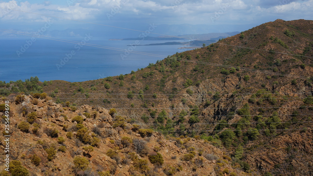 Mediterranean coast, shore or bay seascape Summer day landscape with the sea and trees. Blue Sea scenery with blue sky, Paradise in mediterranean. Holiday and vacation in