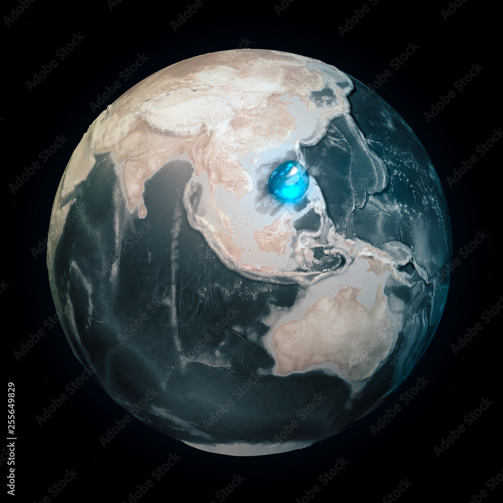 Map of the world without water. All the water on Earth in one place. Water sphere. Climate change, global warming. Physical world. 3d rendering