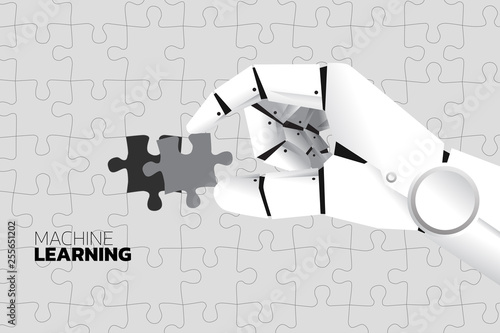 Robot hand put the last jigsaw to complete. Business concept for machine learning and a.i artificial intelligence