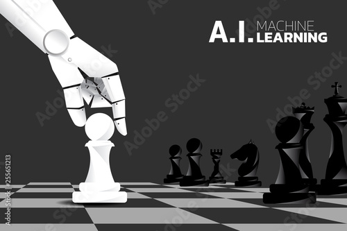 Robot hand move chess piece on board game. Business concept for machine learning , a.i artificial intelligence and disruption
