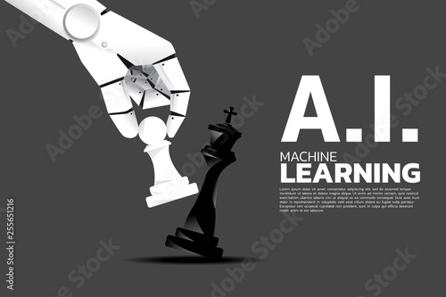 Robot hand move pawn chess to checkmate king. Business concept for machine learning and a.i artificial intelligence