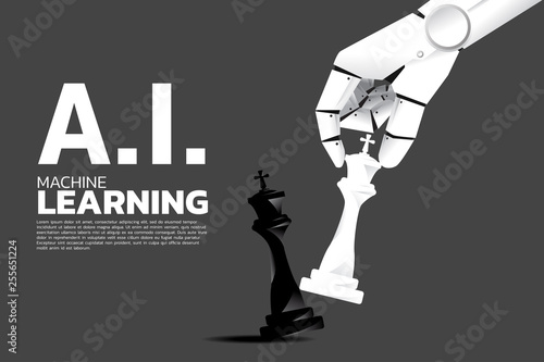 Robot hand move chess piece to checkmate king. Business concept for machine learning , a.i artificial intelligence and disruption.