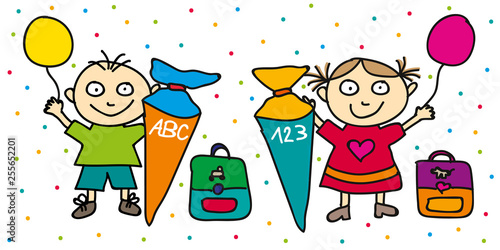 Vektorgrafik fröhliche Schulkinder bei Einschulung mit Schultasche und Schultüte 