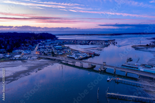 Aerial of boats in Charleston, Oregon, which is a little fishing village near Coos Bay. Taken during evening hours.  © mdurson