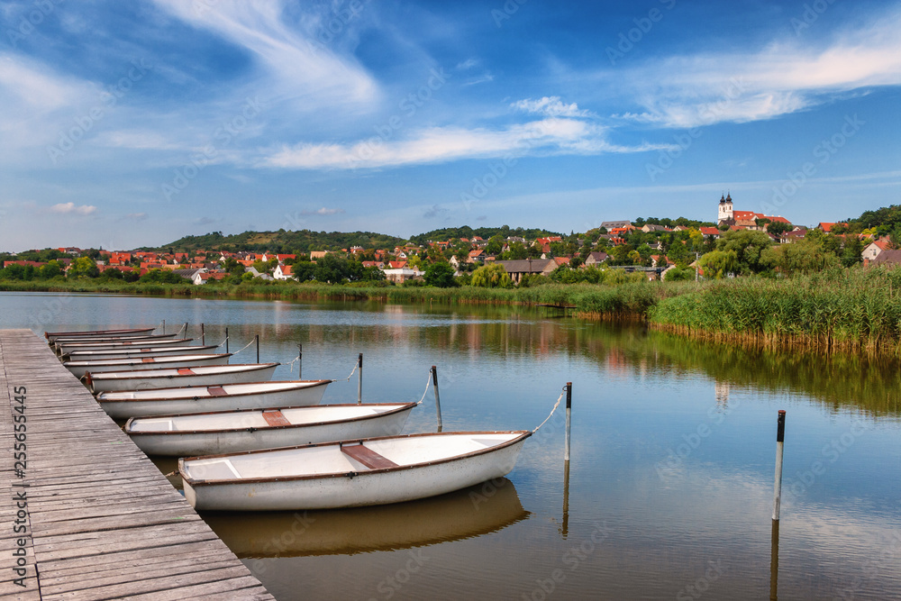 The beautiful Tihany village with boats in the front from inner lake at Lake Balaton, Hungary