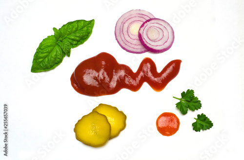 Wallpaper Mural sauce ketchup Basil leaves and parsley with pepper sliced onion and pickled cucumber white background  Torontodigital.ca