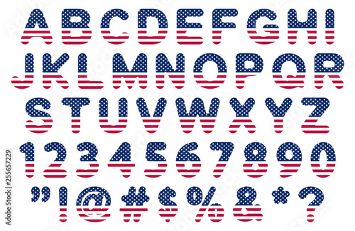rounded usa flag font, letters, numbers, symbols and signs, stock vector illustration clip art
