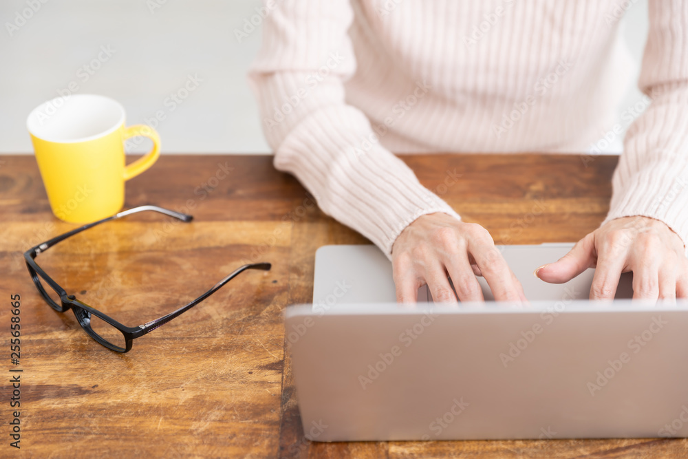Fototapeta premium ラップトップコンピューターを見るシニア女性 手元