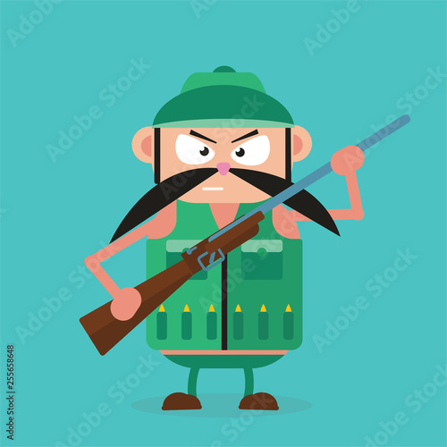Hunter character with gun rifle, male with shotgun cartoon illustration