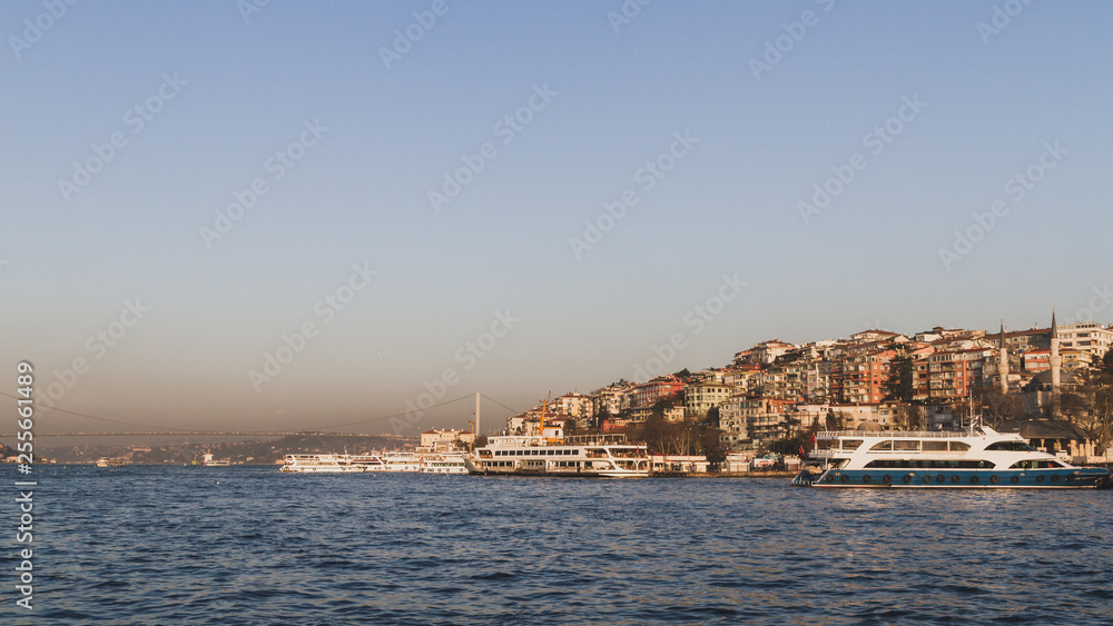 Bosphorus Strait and houses on hills in Istanbul, Turkey
