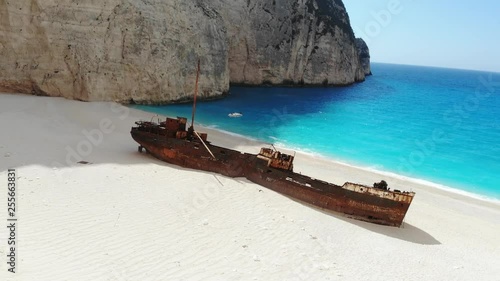 Aerial view of shipwreck on Navagio Beach known as Smugglers Cove, Zakynthos, Greece
