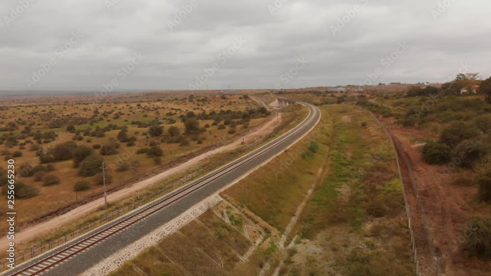 The Madaraka express train line from Mombasa to Nairobi, near the terminal in Nairobi. Aerial shots. The Madaraka express train line from Mombasa to Nairobi, near the terminal in Nairobi. Aerial shots.
