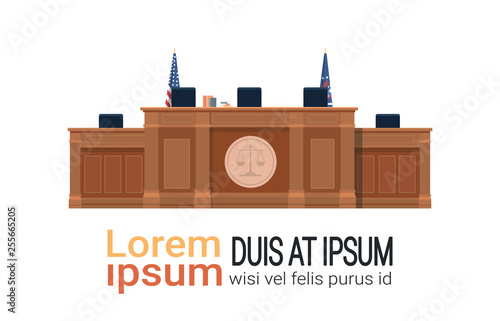 empty courtroom with judge workplace chairs and table modern courthouse wooden furniture justice and jurisprudence concept white background copy space horizontal