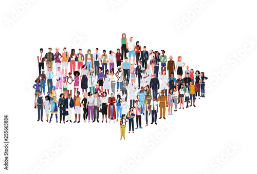 mix race people group different occupation standing together in arrow shape pointing direction concept male female workers full length horizontal banner flat white background