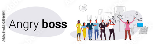 unsatisfied woman boss throwing paper documents screaming on frustrated workers bad job concept angry employer shouting employees office interior sketch horizontal banner