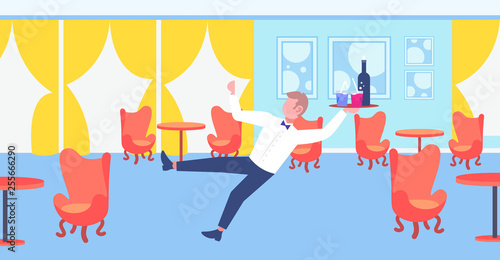 Waiter falling with tray wine glasses elegant