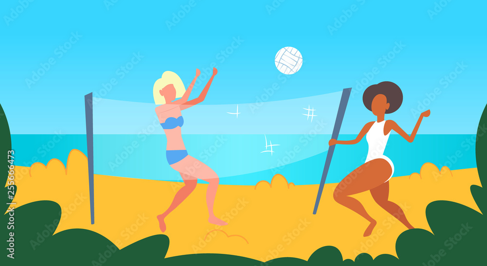 mix race women couple playing volleyball girls with volley ball having fun on sea beach active lifestyle summer vacation concept female cartoon characters full length seaside horizontal