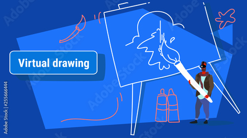 artist man wearing vr digital glasses holding paint brush male painter creativity virtual reality vision drawing concept cartoon character full length sketch doodle full length horizontal