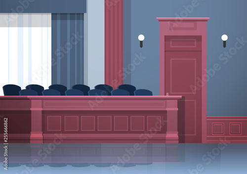 empty jury box seats modern courtroom interior justice and jurisprudence concept horizontal