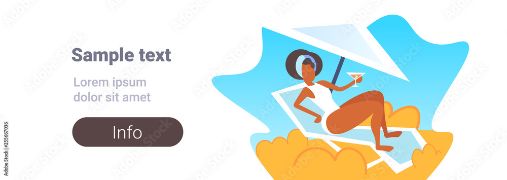 african american girl in white swimsuit sunbathing on beach drinking cocktail on sunbed summer vacation relax concept full length flat horizontal banner copy space