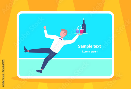 waiter falling with tray wine glasses elegant man restaurant worker service staff failure accident concept flat horizontal full length copy space