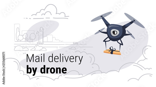 quadcopter express air mail delivery by drone concept modern city buildings cityscape background sketch doodle horizontal