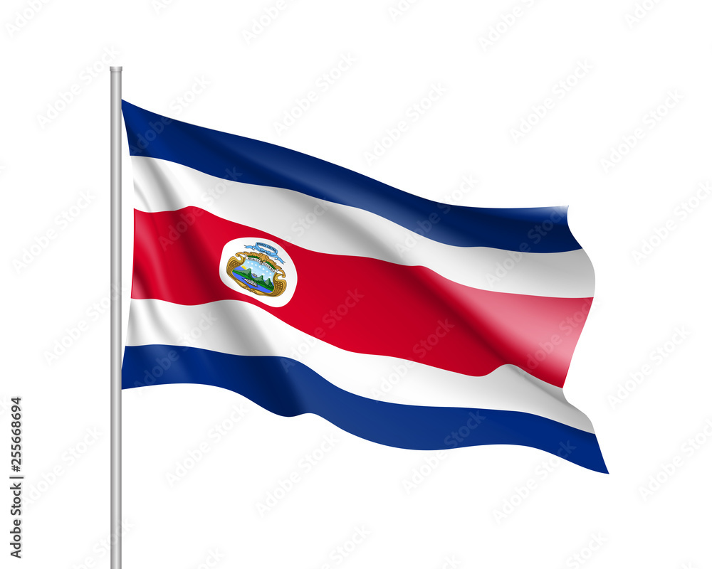 Waving flag of republic Costa Rica . Realistic iIllustration of South America country flag on flagpole. 3d vector icon isolated on white background Waving flag of republic Costa Rica . Realistic iIllustration of South America country flag on flagpole. 3d vector icon isolated on white background