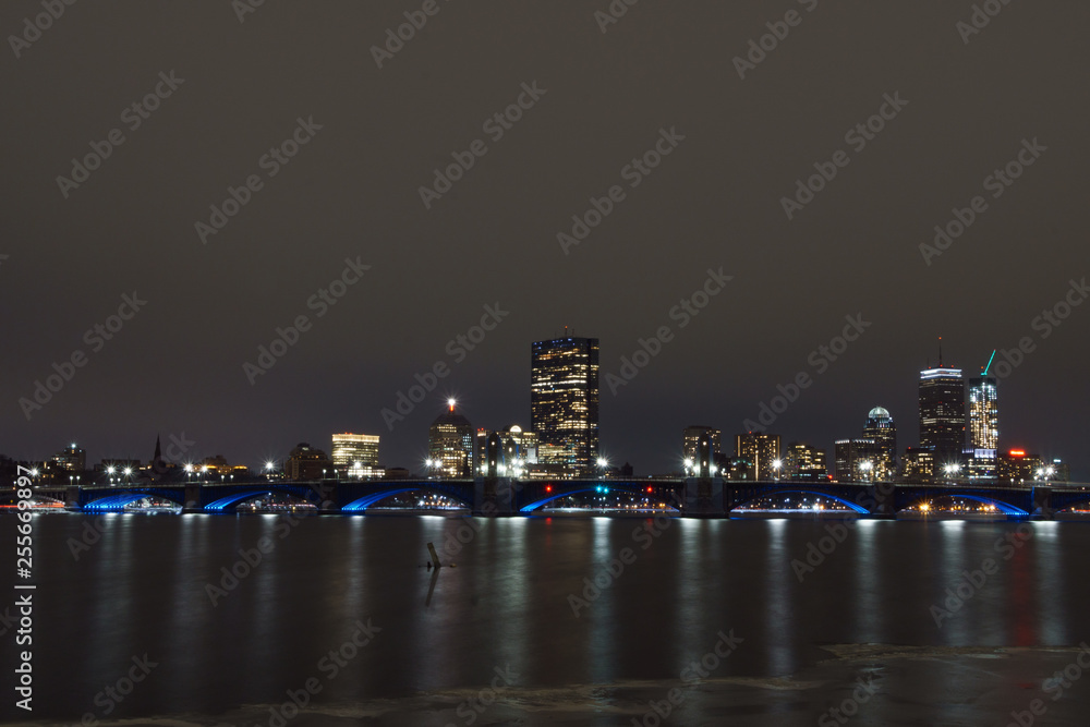 Reflection of Boston lights at night from Cambridge side 3