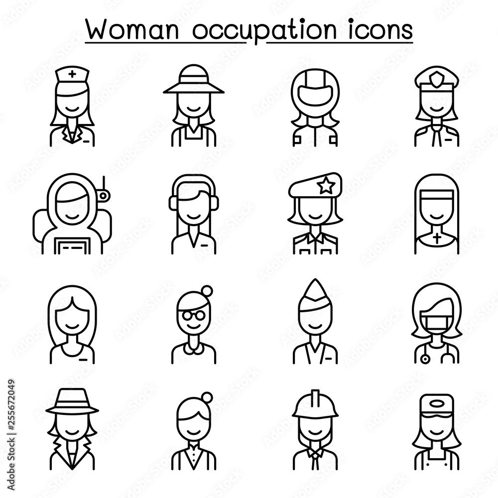 Woman occupation, career icon set in thin line style Woman occupation, career icon set in thin line style