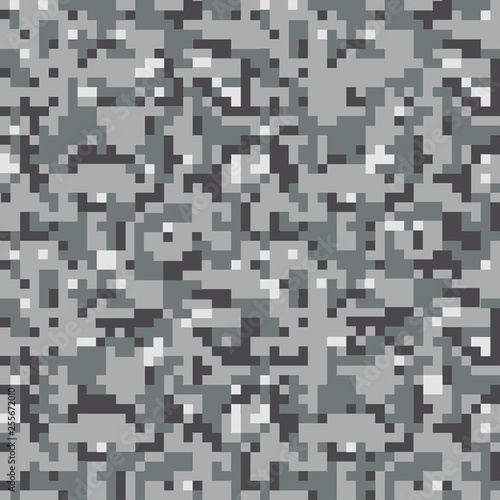 Digital pixel camouflage seamless pattern. Classic clothing style masking camo repeat print. Grey black and white color. Vector Texture