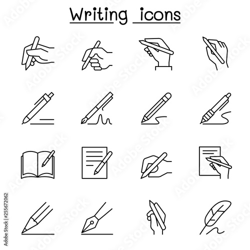 Writing icon set in thin line style