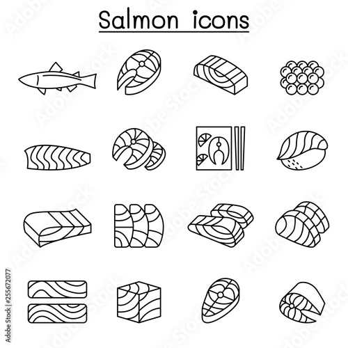 Fresh salmon fish icon set in thin line style