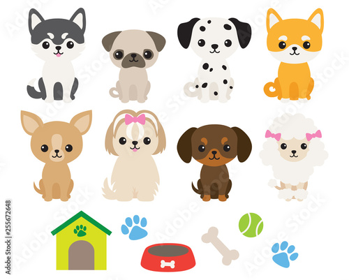 Vector illustration of cute puppy dog in different breeds including Chihuahua, Siberian Husky, Pug, Poodle, Dachshund, Dalmatian, Shiba, Maltese, Yorkshire Terrier.