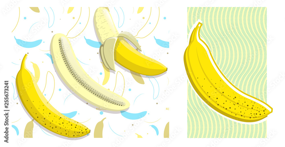 Banana objects and seamless background set: 4 editable banana designs in 2 different styles, plus seamless pattern designs included Banana objects and seamless background set: 4 editable banana designs in 2 different styles, plus seamless pattern designs included