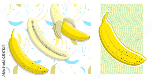 Banana objects and seamless background set: 4 editable banana designs in 2 different styles, plus seamless pattern designs included	
