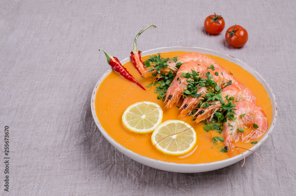 Traditional creamy soup with shrimp Traditional creamy soup with shrimp