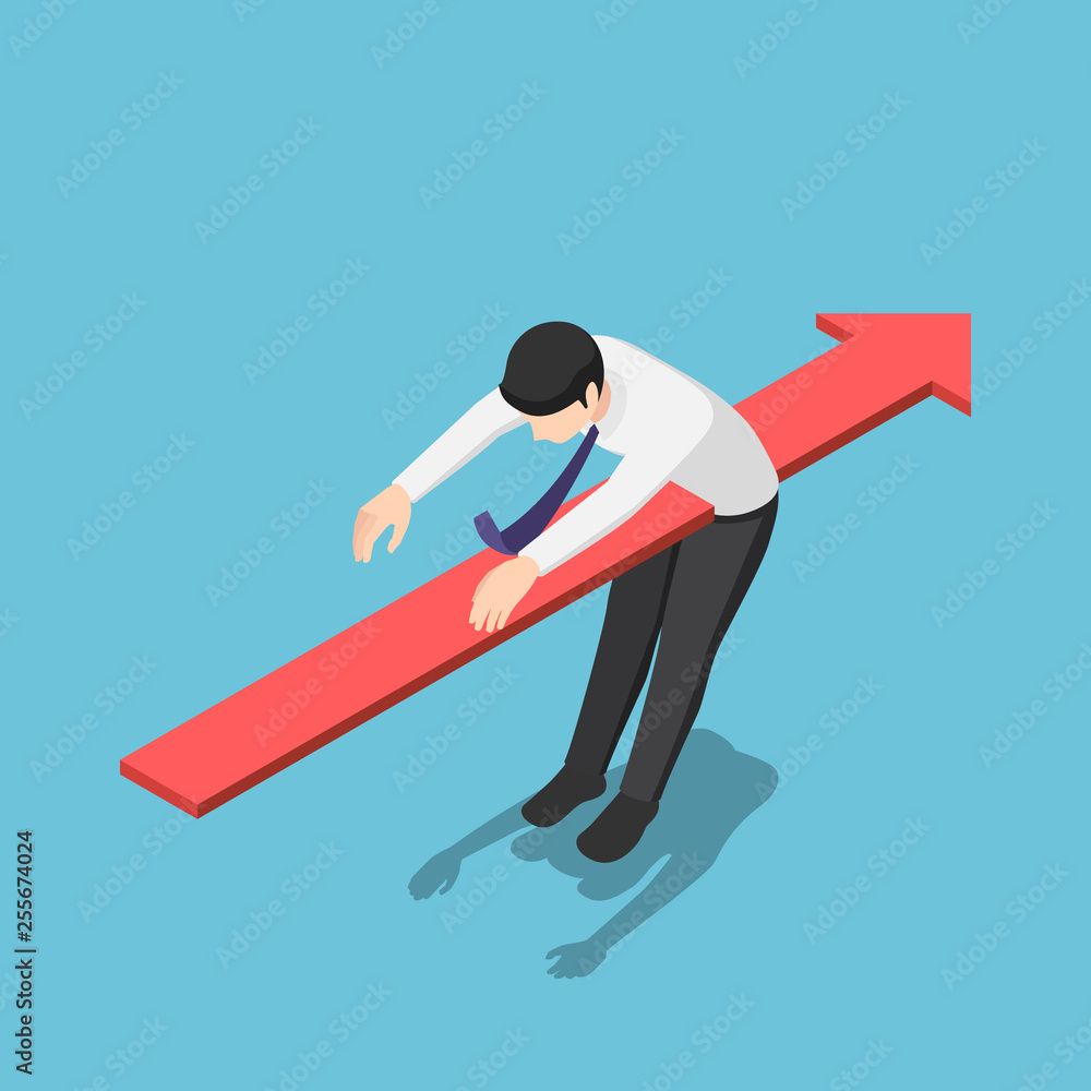 Isometric red arrow piercing through the body of businessman Isometric red arrow piercing through the body of businessman