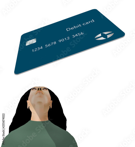 Canvas Print The back of a credit card is the subject of this illustration of a woman looking at a large credit card
