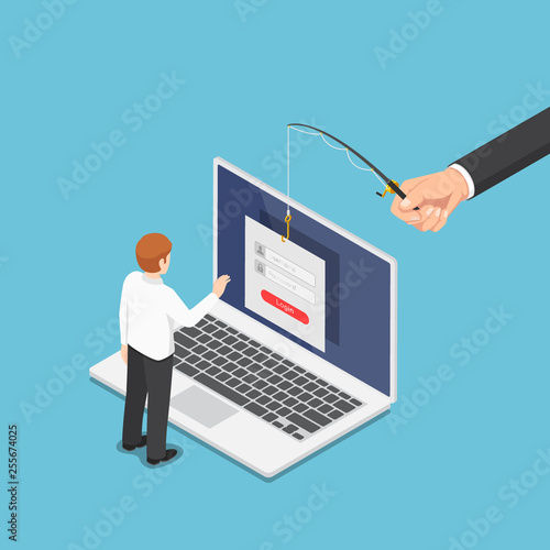 Isometric hacker trying to steal data from businessman by phishing scam