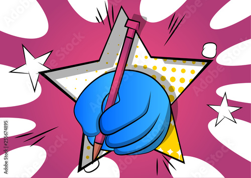 Vector cartoon hand writing with pencil. Illustrated sign on comic book background.