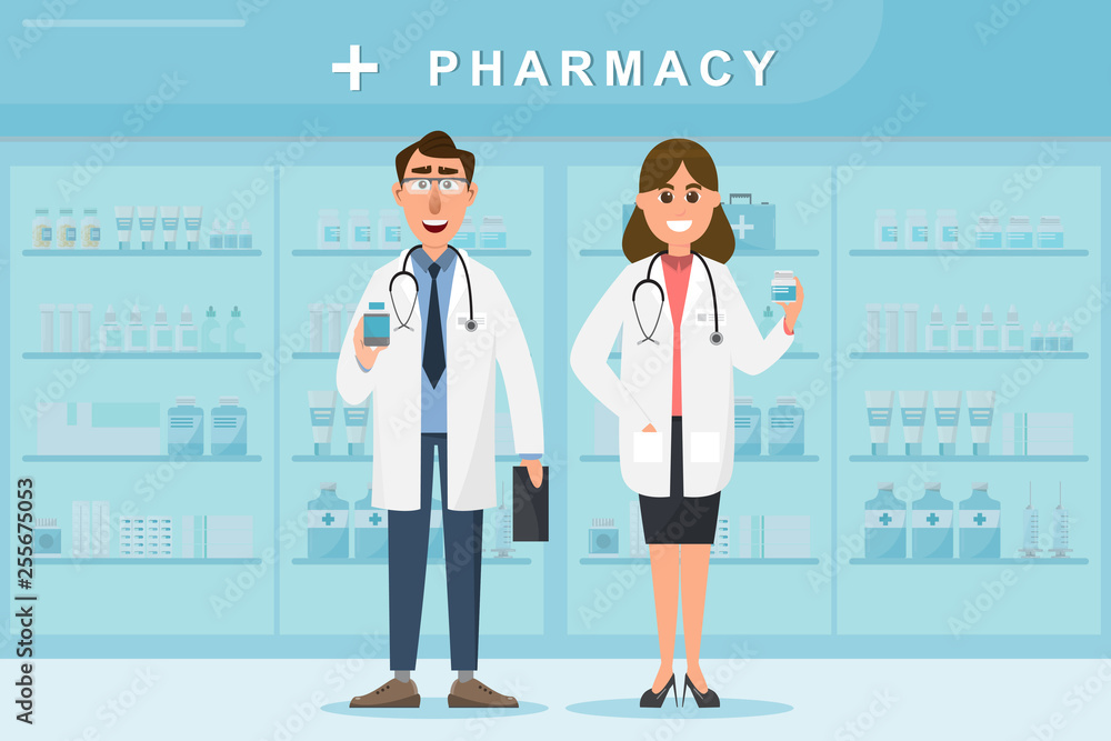 pharmacy with doctor and nurse in counter pharmacy with doctor and nurse in counter