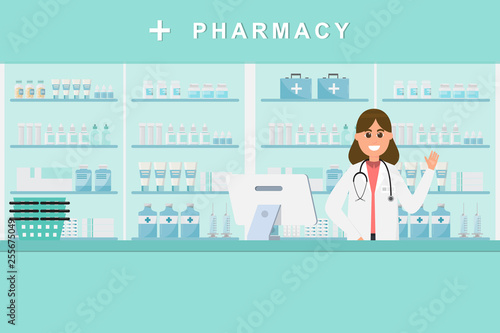 pharmacy with nurse in counter. drugstore cartoon character