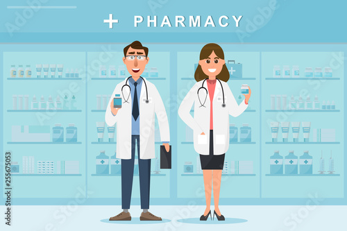 pharmacy with doctor and nurse in counter