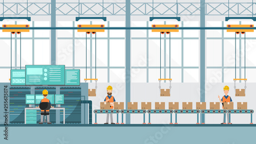 smart industrial factory in a flat style with workers, robots and assembly line packing.